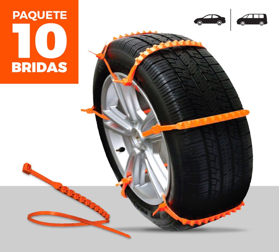 Paquete de 10 Bridas Nieve junto a una rueda equipada