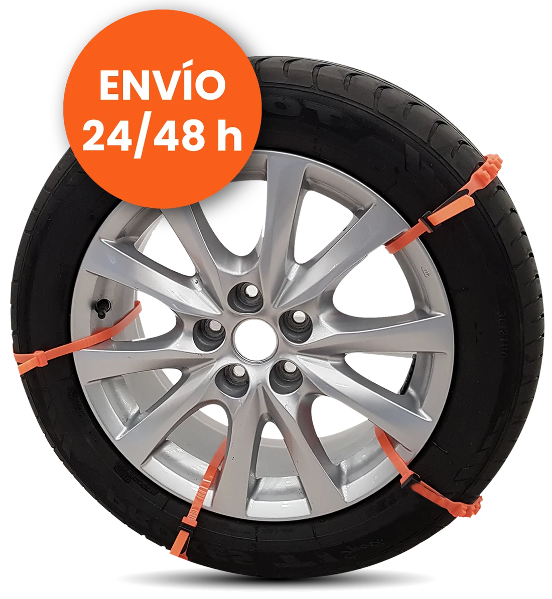 Rueda de coche con Bridas Nieve colocadas y sello de envío en 24/48 horas